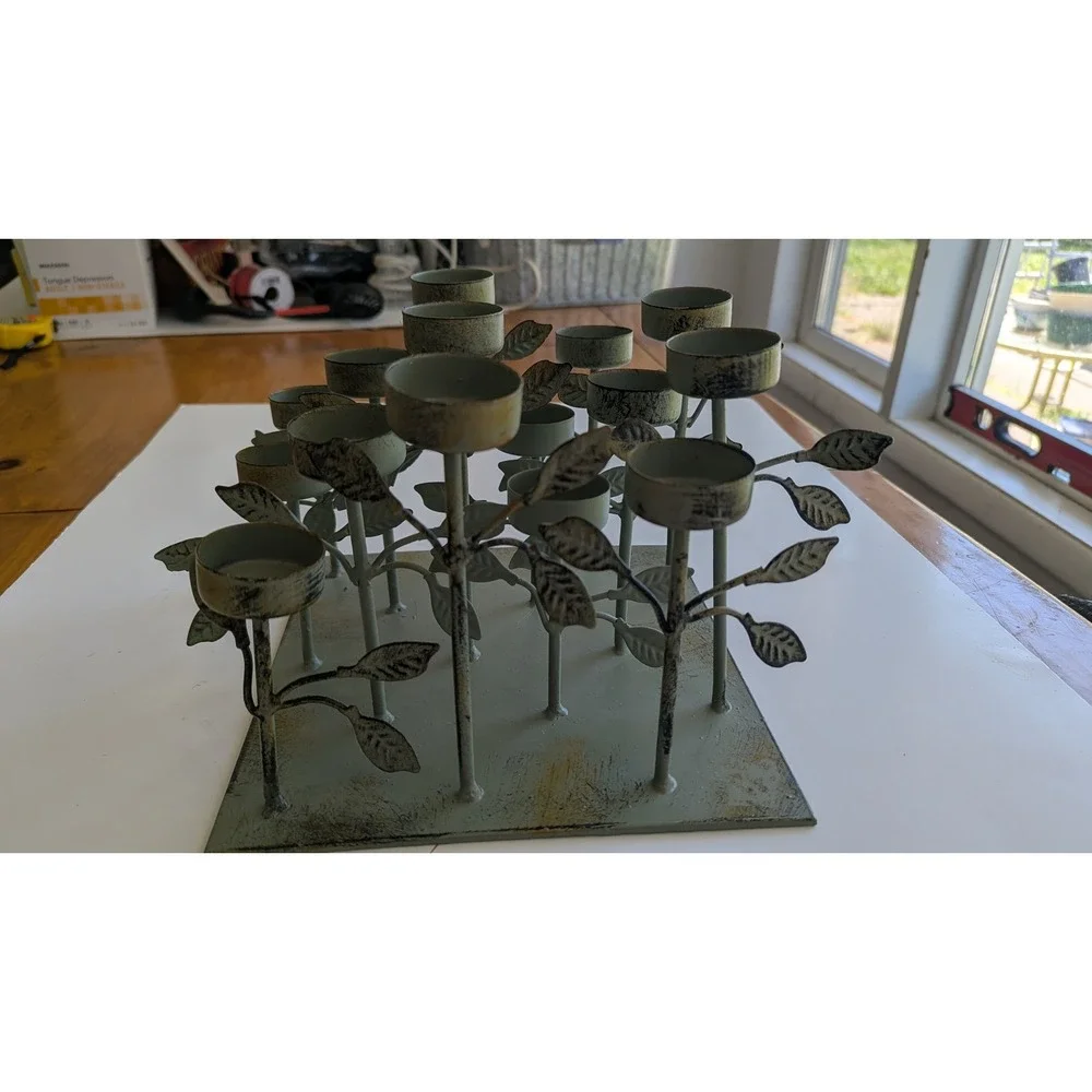 Sage Green Metal Multi‎ Tealight Candle Holder Distressed Leaf Branch Botanical
